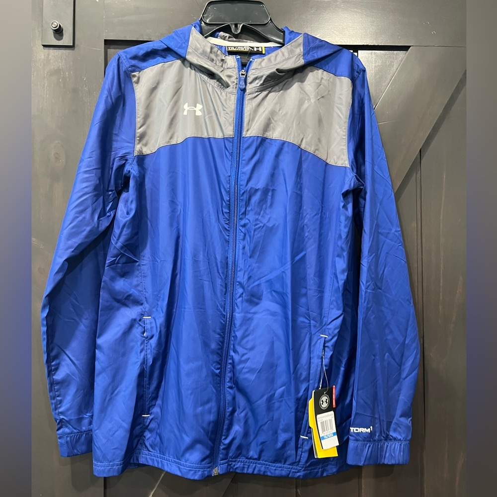 NWT YXL Blue & Gray Under Armour Windbreaker with Hood (water resistant)